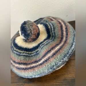 Striped Wool Beret in Blue, Cream, and Brown